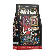 a bag of coffee that has been designed to look like a skeleton playing the piano