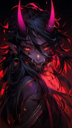 an anime character with horns on her head and long black hair, wearing red eyes