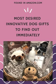 a stuffed animal in a basket with the words most desired innovative dog gifts to find out immediately