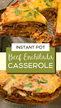 an image of beef enchilada casserole with cheese and herbs on top