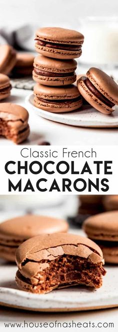 chocolate macarons stacked on top of each other with the words classic french chocolate macaroons