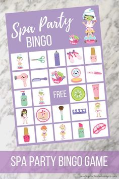 the spa party game is displayed on a marble surface with text overlay that reads spa party bingo