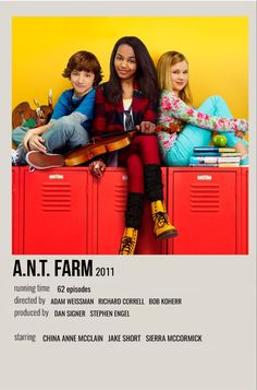 the poster for an n t farm shows three children sitting on top of lockers