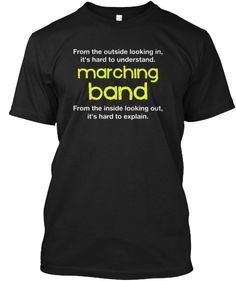 a black t - shirt with the words marching band written in green and yellow on it