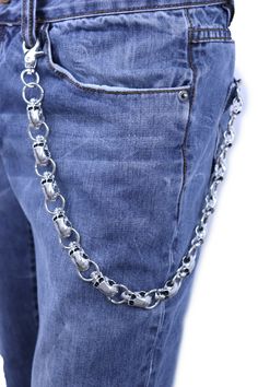 New Biker Fashion Rocker Punk Wallet Chain Large and strong trucker biker chain links - Skull charms  Condition:  Brand new Color:  Silver metal chain links and charms + clasp and ring Length:  About 20" Biker Fashion, Biker Chain, Wallet Chains, Pant Chains, Skeleton Head, Edgy Accessories, Metal Skull, Biker Wallet, Street Fashion Men Streetwear