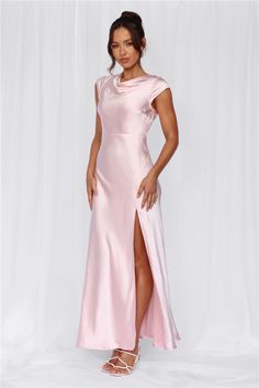 Length from shoulder to hem of size S: 143cm.  Chest: 39cm, Waist: 34cm, across front only of size S.  Maxi dress.  Lined.  Model is a standard XS and is wearing size XS.  True to size.  Non-stretch.  Luxurious satin.  High cowl neckline.  Cap sleeve.  Tie to back.  Twist back with cutout.  Split to skirt.  Straight, flowy silhouette.  Zipper with hook eye closure.  Cold hand wash only.  Polyester.   This material is very delicate. Please handle with care.    Please Note: This product is a Hello Molly Exclusive.    Step into a world of enchantment with Hello Molly's newest bridesmaid collection, Wedding Parlour.  Introducing a captivating style, designed with a high cowl neckline and delicate cap sleeves, evoking timeless elegance and femininity. The tie-back feature adds a charming touch, Pale Pink Bridesmaid Dresses Long, Pink Maxi Dress With Sleeves, Light Pink Bridesmaid Dresses, Candy Dress, Skirt Straight, Pink Satin Dress, Vestidos Color Rosa, Pink Silk Dress, Bridal Shower Outfit