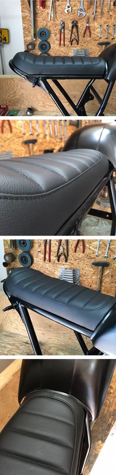 three different views of a motorcycle seat with tools hanging on the wall