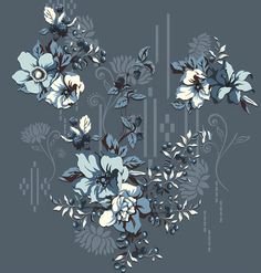 blue and white flowers on a gray background with black dots in the center, surrounded by lines