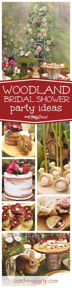 woodland bridal shower party ideas with cake, pies and desserts on the table