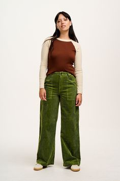 Delores Is Our High Waist Jeans With Wide Leg And Pockets With Stitching Detail. Available Here In Pesto Green! Our Fit Fixed Non-Stretch Waistband To Sit On The Waist With Fly Front And Button Closure Closer Fitting On The Hips Full Length Wide Leg Deep Hip Pockets And Back Patch Pockets The Fabric 100% Organic Cotton Corduroy - Made From Gots Certified Organic Cotton Yak Care Machine Washable We Advise Using A Laundry Bag To Protect The Cord Pile. It Will Also Prevent Creasing As Much Line Dry Plus Size Corduroy, English Women, Lucy Yak, Lucy And Yak, Hair Socks, Dungarees Shorts, Queer Fashion, Corduroy Trousers, Corduroy Jeans