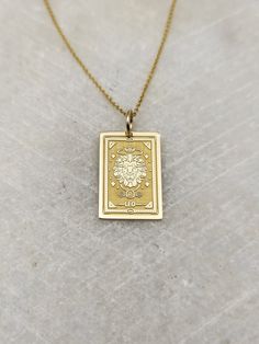 Welcome to RedGiftBox, it is our pleasure providing you our fine gold jewelry! Information about the pendant: - 14K Real Gold - 0.5mm Thick - Jumpring Diameter: 4mm Sizes Available: - 18x12mm / 0.70x0.47 inches - 20x14mm / 0.78x0.55 inches - 24x16mm / 0.94x0.62 inches ▪️ We can engrave the back of your pendant with your custom personalized message, text, name or date for FREE! We recommend 5 lines with a maximum of 15 characters on each line. Information about the chains: (three styles available Lion Zodiac Sign, Lion Zodiac, Leo Jewelry, Sun Tarot Card, Tarot Card Necklace, The Sun Tarot Card, Message Text, The Sun Tarot, Card Necklace