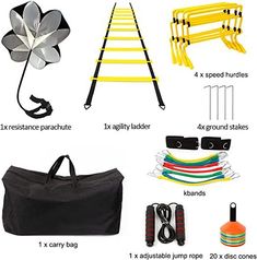 an assortment of sports equipment including a ladder, carrying bag and other items to use