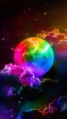 an image of a rainbow colored ball in the sky with clouds and stars around it