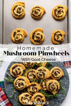 homemade mushroom pinwheels with goat cheese on a platter and in the background