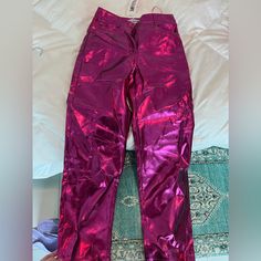 Xs Shiny Pink Pants Never Worn Pink Metallic, Pink Pants, Walker Boots, Blush Makeup, Garment Bags, Pants Color, Metallic Leather, Rain And Snow Boots, Jean Coat