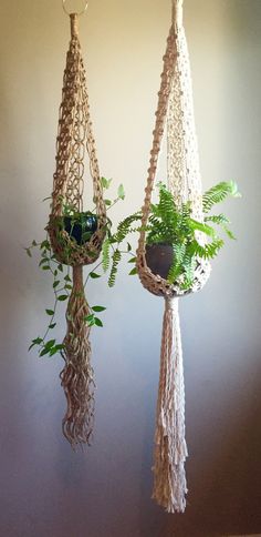 two macrame plant hangers with plants in them hanging from the side of a wall