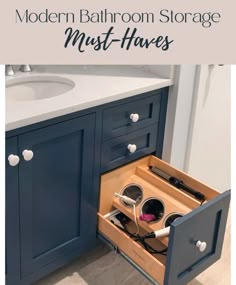 an open cabinet in a bathroom with the words modern bathroom storage must - haves