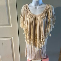 Elan Usa Off Shoulder Fringe Boho Dress Size Large Color Beige 100% Rayon New With Tag Bohemian Cotton Mini Dress With Lace Trim, Short Sleeve Dress With Lace Trim For Beach, Bohemian Short Sleeve Viscose Blouse, Summer Tunic Dress With Back Tassel Tie-up, Short Sleeve Viscose Bohemian Dress, Bohemian Mini Dress With Lace Trim For Beach Cover-up, Bohemian Mini Dress With Lace Trim For Beach, Beige Bohemian Cotton Mini Dress, Spring Beige Fringe Mini Dress