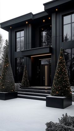 a large black house with christmas trees in front