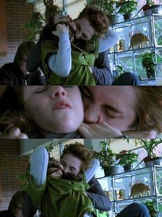 two pictures of a man and woman kissing in front of a wall with potted plants