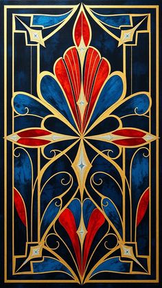 an art nouveau painting with blue, red and gold colors