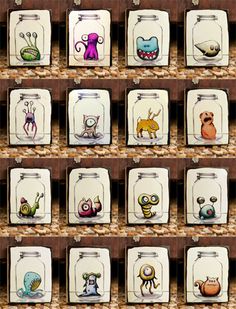 several glass jars filled with different types of cartoon characters and numbers on them, all lined up in the same row