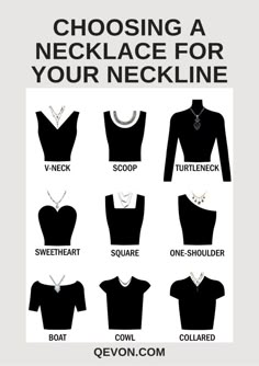 Necklace Styling 101: Wearing Necklaces for Different Necklines - Q Evon Necklace For Neckline, Dresses By Pattern, Mode Tips, Fashion Vocabulary, Dress Sketches, Neckline Dress, Fashion Capsule, Round Faces