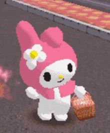 an animated image of a pink bunny holding a piece of bread in her hand and walking down the street