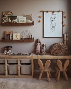 there is a shelf with baskets and toys on it