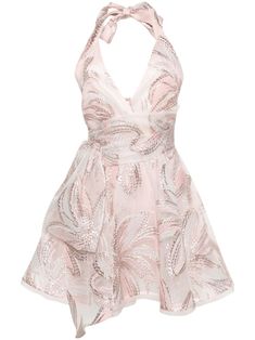 light pink lurex detailing floral appliqué plunge style halterneck tie fastening belted waist A-line skirt above-knee length Luxury Sundress, Chanel Wallpapers, Talbot Runhof, F1 Driver, Virtual Wardrobe, Dream Dresses, Fame Dr, Dress Inspo, Elegant Dresses Long