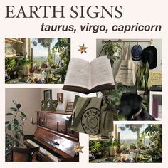 there are many pictures of plants and books in this room with the caption earth signs taurus, virgo, capricorn