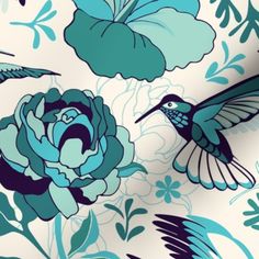 a blue and white floral wallpaper with a hummingbird flying next to a flower