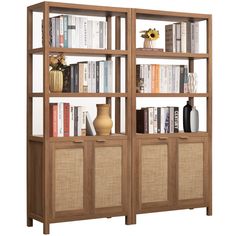 a bookcase with many books and vases on it's shelves in front of a white background