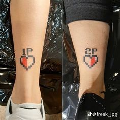 two pictures of the same person's legs with pixel tattoos on them, one is showing