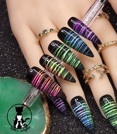 Hand painted acrylic press-on nails. Black nails with rainbow ombre spider gel. Pictured are Long Stilettos. Package comes with 10 nails, 1 mini nail file, 1 plastic cuticle pusher, 2 alcohol pads, 1 nail oil pen, 1 tube of nail glue, and 1 sheet of adhesive nail stickers. Feel free to message me before ordering for minor changes to colors, design, etc! Physical product may differ slightly, as every set of nails I offer is lovingly handmade. I do my best to capture the best possible color qualit Neon Spider Gel Nails, Black Easter Nails, Rainbow And Black Nails, Black Pride Nails, Black Nails With Rainbow, Black Rainbow Nails, Goth Spring Nails, Nails With Rainbow, Rainbow Nail Art Designs