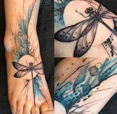 a woman's foot with dragonflies and watercolors on her body, while the image is in full color