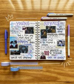 an open notebook with photos and writing on it next to some markers, pens and pencils