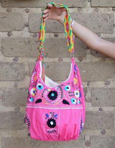 Mexican Summer Tote /  Huipil Bag Travel Tote / Boho bag / Mexican Hand Embroidered bag with Macrame Handmade Pink Shoulder Bag For Festivals, Traditional Pink Shoulder Bag With Handwork, Pink Embroidered Shoulder Bag For Festivals, Traditional Pink Shoulder Bag, Traditional Pink Tote Bag, Bohemian Pink Satchel Bag, Pink Rectangular Shoulder Bag With Handwork, Traditional Pink Beach Bag, Traditional Pink Embroidered Bag