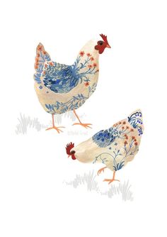 two blue and white chickens standing next to each other