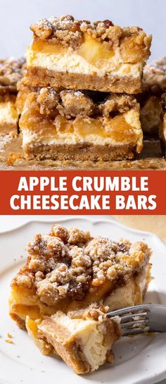 apple crumble cheesecake bars are stacked on top of each other and ready to be eaten