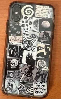 a cell phone case with many pictures on it and the back cover is covered in black and white stickers