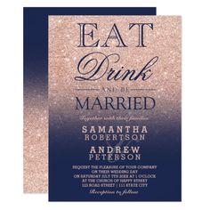 the eat drink and be married wedding card is shown in blue, pink and gold