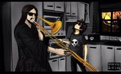 two people are playing musical instruments in the kitchen