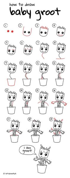 the instructions for how to draw baby groot