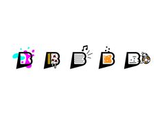 the letters b, d, and f are made up of different colored shapes with black dots