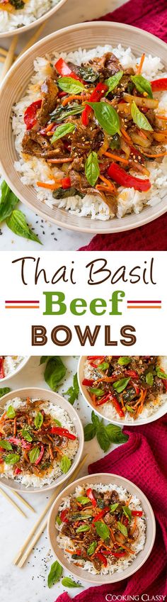 thai beef bowls with rice and vegetables