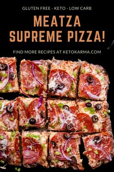 square slices of pizza with olives, pepperoni and cheese on them in front of a black background text reads meatza supreme pizza find more recipes at ketcham com