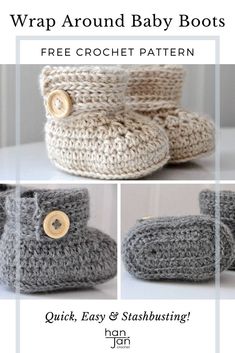 crocheted baby booties with buttons on them and the words, wrap around baby boots