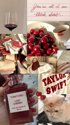 a collage of photos with red wine and cherries