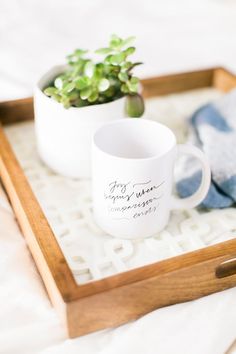 a tray with a coffee mug and a succulent plant on top of it